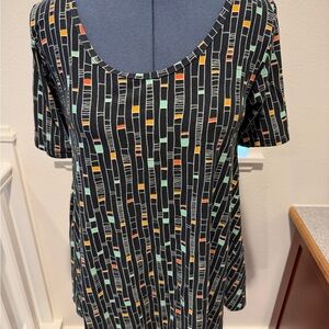LuLaRoe Black Scoop Neck Tunic with Mint and Orange Geometric Stripes